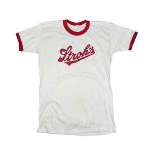 Vtg 80s Stroh's Beer Ringer T Shirt Men's XL (fits M) White Red Graphic Logo USA
